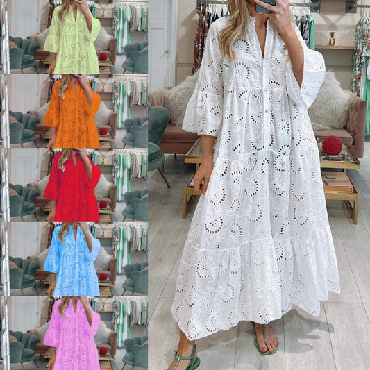 💞Spring New Arrival💞Women’s Elegant V Neck Eyelet Flowy Long Dress