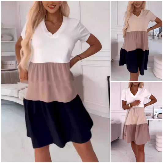 👗Early Summer New✨Women’s Elegant Color Block V-Neck Long Dress