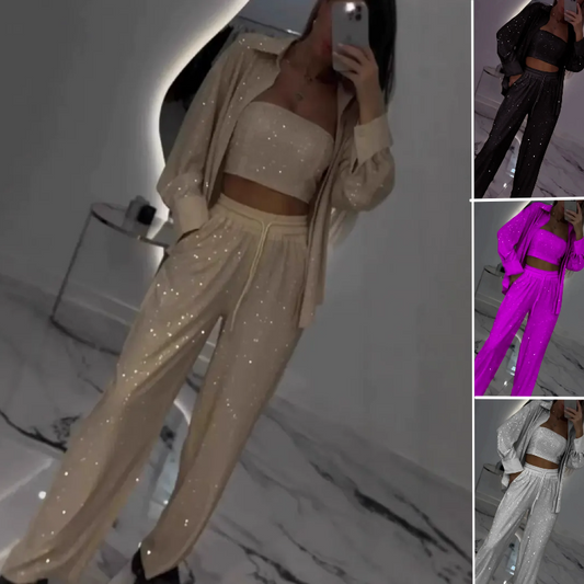 🌸Spring Specials💐Women's Sequin Blazer & Wide-Leg Pants (3-Piece Set)