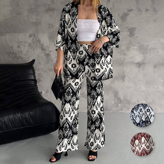 💕Summer New Arrival💕 Printed Mid-Sleeve Cardigan & Trendy Wide-Leg Trousers Two-Piece Set