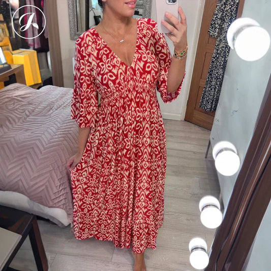 💖Summer Hot Sale 50% OFF💖Bohemian Casual Print V-neck Waist Wrap Long Dress