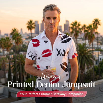 Men's Kiss Print Short-Sleeve Button-Up Shirt