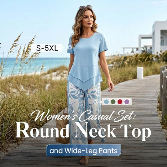 💙Casual Round Neck Layered Tunic Top and Wide Leg Pants Set