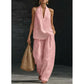 Boho Linen Two Piece Set - Halter Neck Sleeveless Top Wide Leg Pants Set