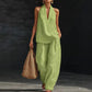 Boho Linen Two Piece Set - Halter Neck Sleeveless Top Wide Leg Pants Set