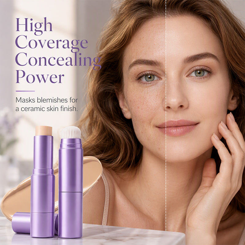 Foundation stick shown with an even-looking complexion comparison