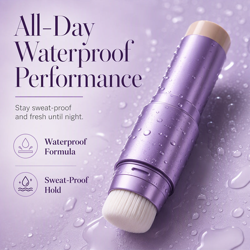 Foundation stick with brush shown in a water-resistant performance image
