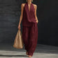 Boho Linen Two Piece Set - Halter Neck Sleeveless Top Wide Leg Pants Set