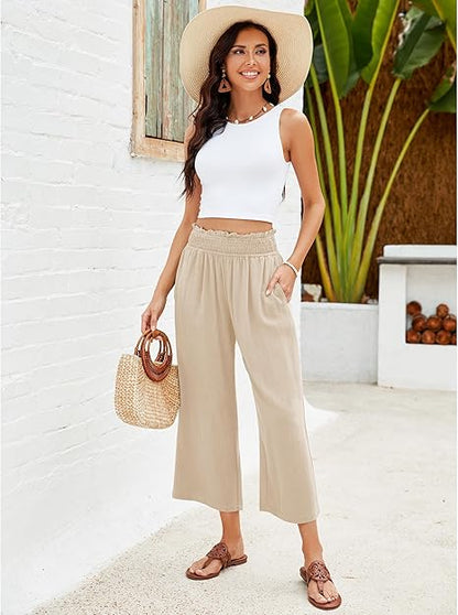 👖 50% OFF💫Women's High Waisted Wide Leg Linen Elastic Smock Waist Capri Pants