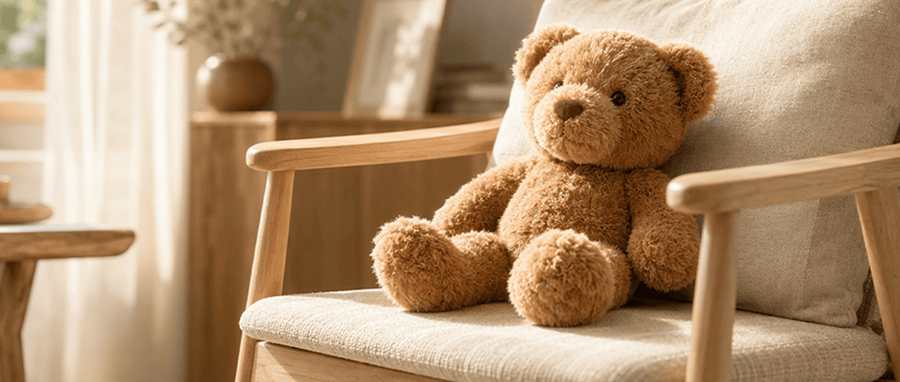 Teddy bear sitting on an upholstered chair