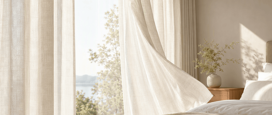Clean light-colored curtains and bedding