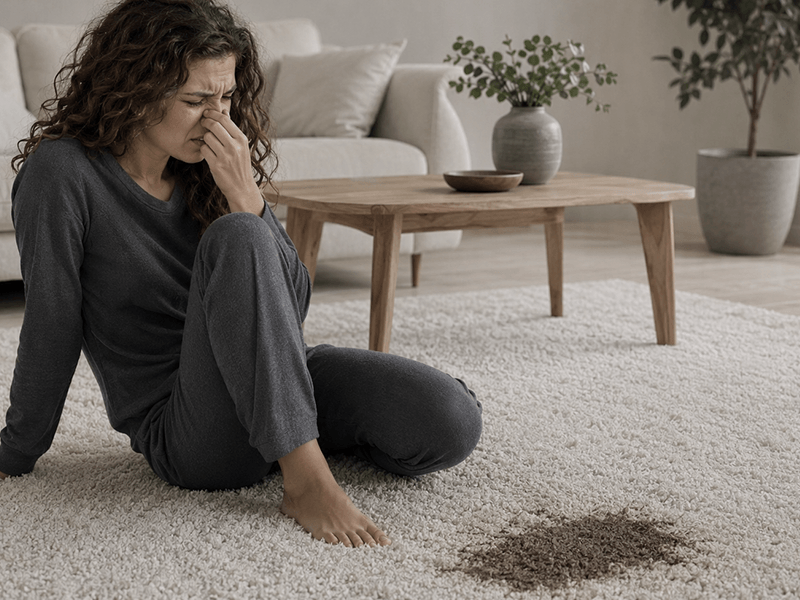 A deep stain embedded in carpet fibers