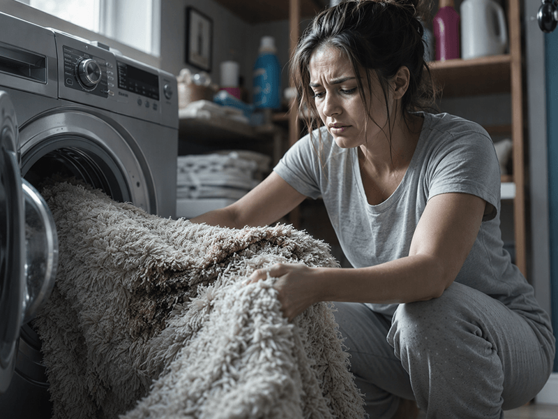 A woman struggling with wet carpet cleaning