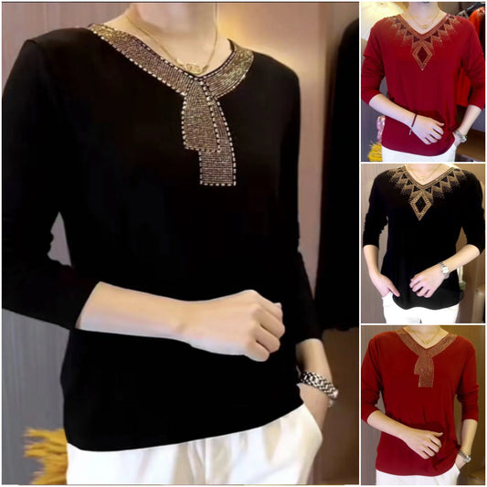 2025 Quality Winter Rhinestone Velvet Long Sleeve T Shirt