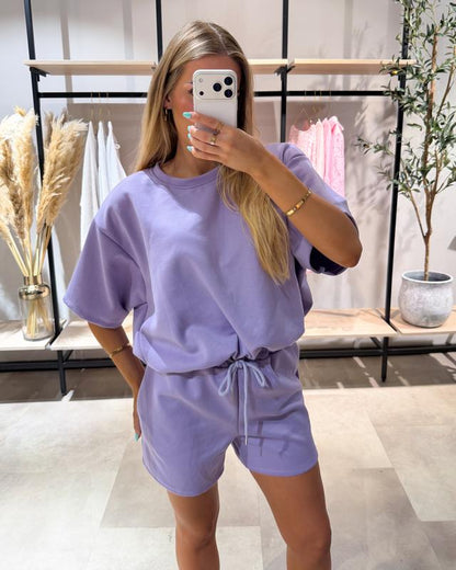 🩳 Women's Lounge Set – Relaxed Top & Shorts, Adjustable Drawstring, Deep Pockets