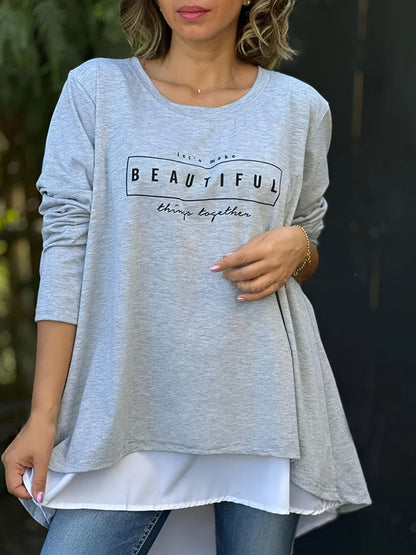 💕Spring New💕Letter Print Fake Two Piece Long Sleeve T-shirt