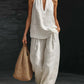 Boho Linen Two Piece Set - Halter Neck Sleeveless Top Wide Leg Pants Set