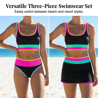 👙Hot Sale🌈Color Block Patchwork Nylon Sporty 3-Piece Bikini Set
