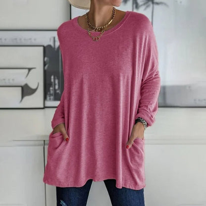 Women's loose long-sleeve round-neck T-shirt with a relaxed silhouette and pockets
