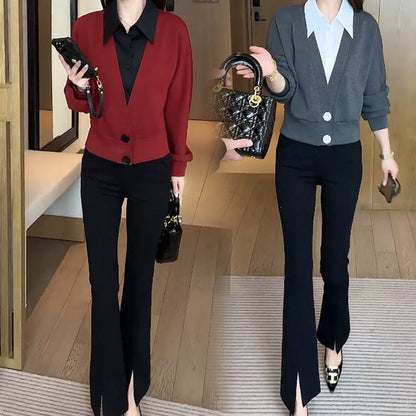Cropped Faux Two-Piece Stand-Up Collar Shirt with Flared Pants