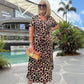 Women's Leopard V-Neck Long Dress with Belt