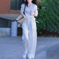 Women's Wrap V-Neck Blouse & Wide Leg Pants Set