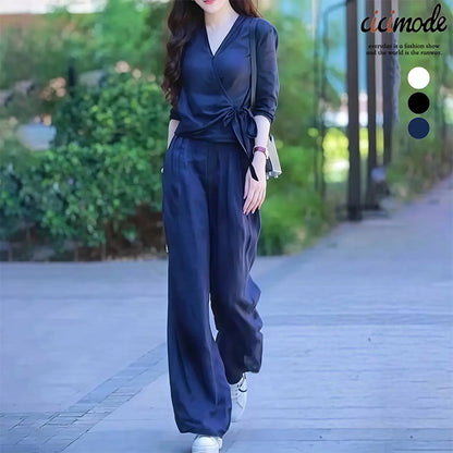 Women's Wrap V-Neck Blouse & Wide Leg Pants Set