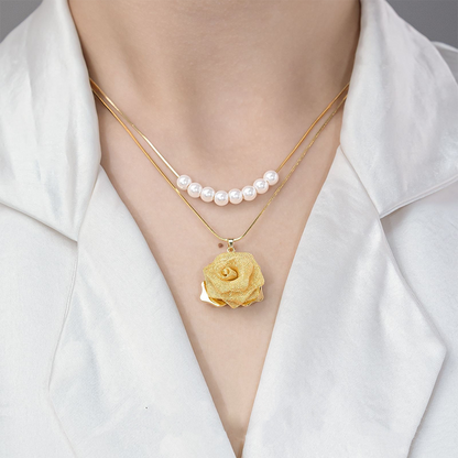 💕New Arrival💕3D Rose & Pearl Double Layered Necklace (2 set suits)
