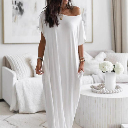 👗New Arrival🔥Women's Summer Casual Loose Solid Color Short-Sleeve Long Dress