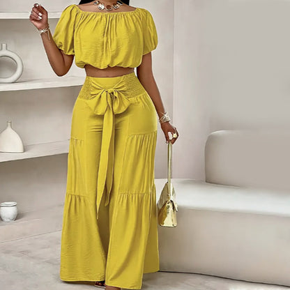 💛New Arrival🆕Off-Shoulder Puff Sleeve Top with Wide-Leg Pants 2-Pieces Set