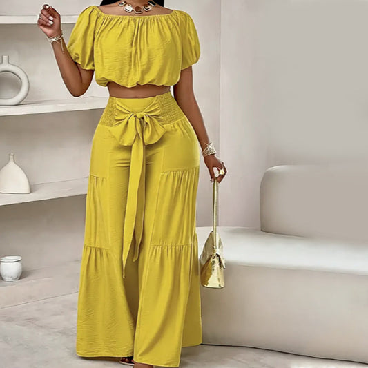 💛New Arrival🆕Off-Shoulder Puff Sleeve Top with Wide-Leg Pants 2-Pieces Set