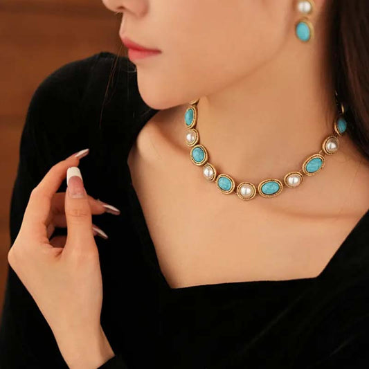 Retro Stud Earrings and Necklace Set for Women