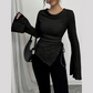 Funnel Neck Flare Sleeve Knit Top with Side Drawstring