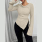 Funnel Neck Flare Sleeve Knit Top with Side Drawstring