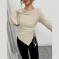 Funnel Neck Flare Sleeve Knit Top with Side Drawstring