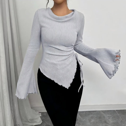 Funnel Neck Flare Sleeve Knit Top with Side Drawstring