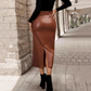Women’s Fitted Ruched Slit Faux Leather Skirt