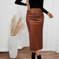 Women’s Fitted Ruched Slit Faux Leather Skirt