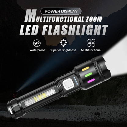 Multifunctional Zoom LED Flashlight with Power Display – 500m Range, USB-C & 4 Lighting Modes