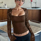 Women's Solid Color T-Shirt with Floral Lace, Split Ruffles and Sheer Sleeves