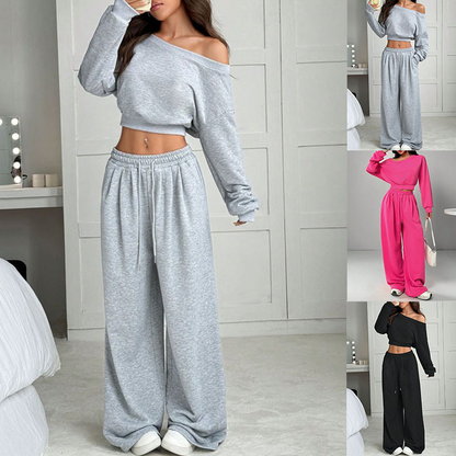 Women's Off-Shoulder Sweatshirt & Wide-Leg Pants Set