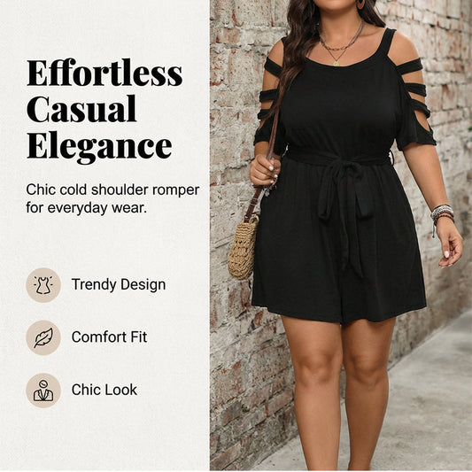 Women's Casual Cold-Shoulder Romper with Tie-Waist