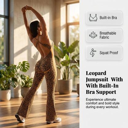 Women's Cheetah Print Workout Jumpsuit with Built-in Bra ✨