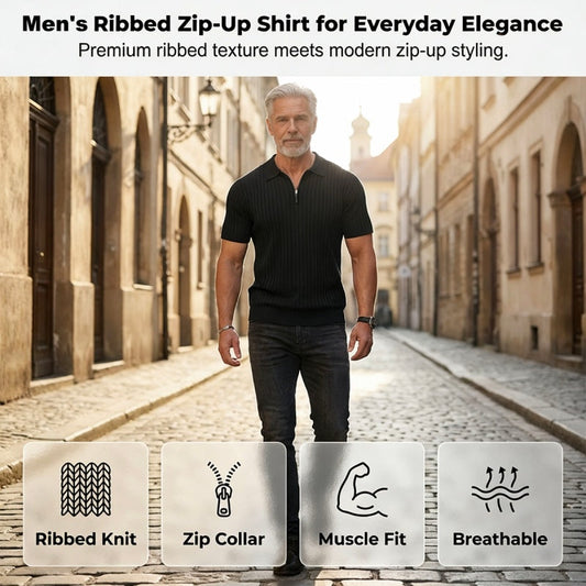 Men's Short Sleeve Ribbed Knit Zip-Up Shirt