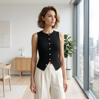 Women's Ribbed Knit Button-Front Sleeveless Vest