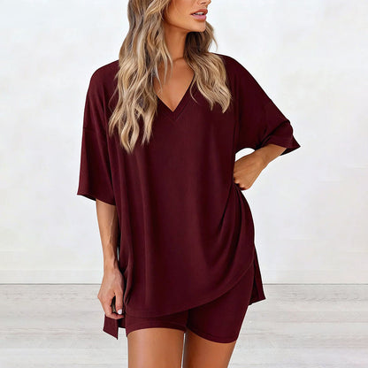 🛋️ 50% OFF! 👕 Women's Lounge V-Neck Top & Shorts Set – Oversized, Drapey, Two-Piece 🍂