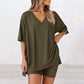 🛋️ 50% OFF! 👕 Women's Lounge V-Neck Top & Shorts Set – Oversized, Drapey, Two-Piece 🍂