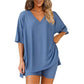 🛋️ 50% OFF! 👕 Women's Lounge V-Neck Top & Shorts Set – Oversized, Drapey, Two-Piece 🍂