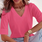 Women's V-Neck Cuffed Sleeve Ribbed T-Shirt