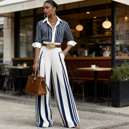 📢Free Shipping⏰Women's Striped Shirt & Wide-Leg Pants 2-Piece Set